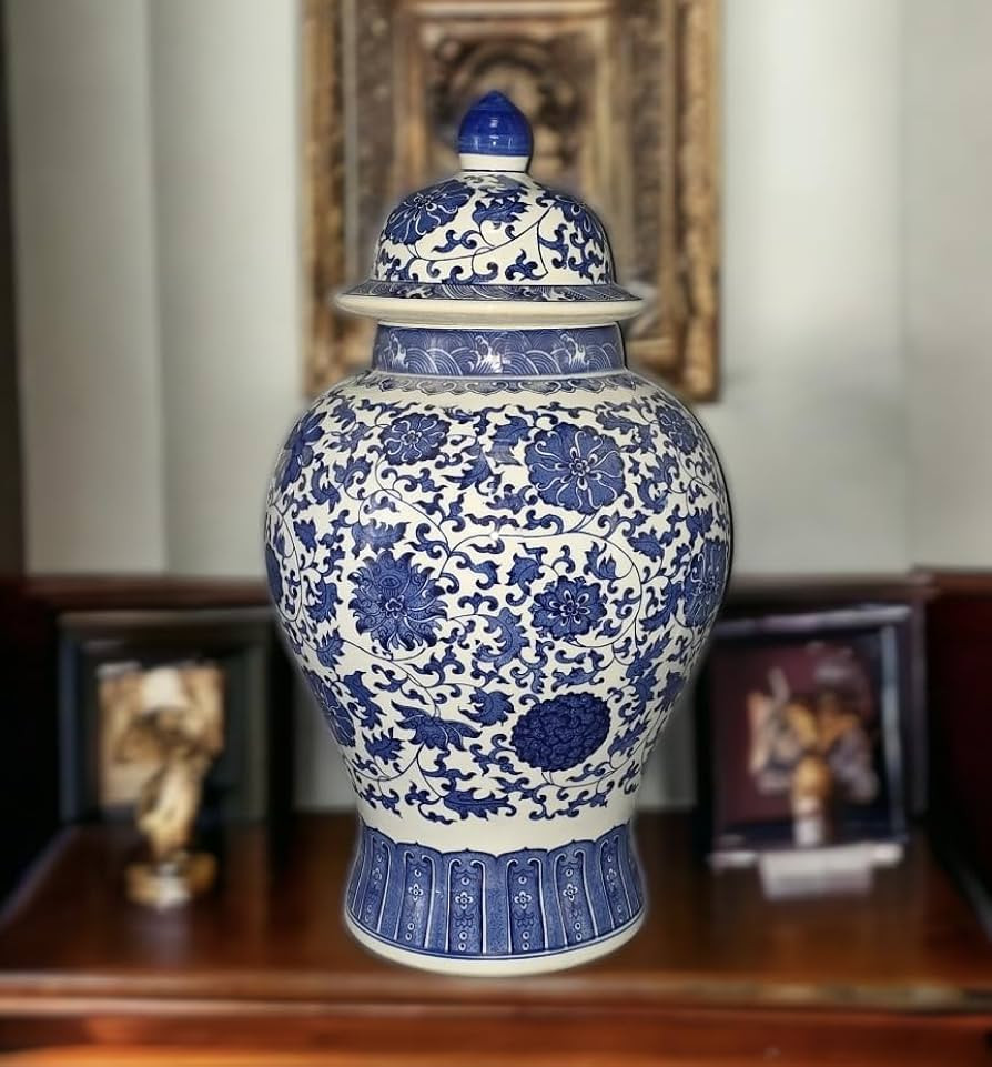 24" Classic Blue and White Floral Porcelain Ceramic Temple Ginger Jar Vase, Large China Qing Styl... | Amazon (US)