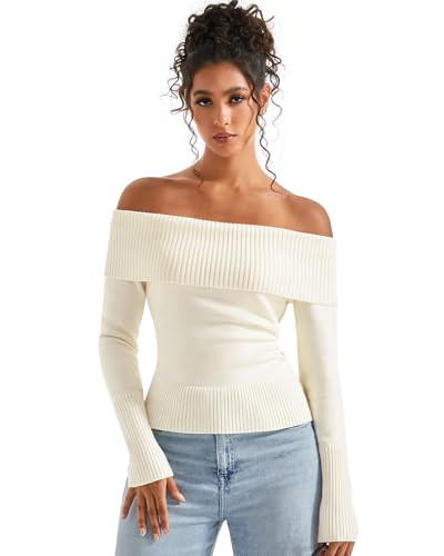 SUUKSESS Women Off Shoulder Sweaters Long Sleeve Ribbed Knit Going Out Fall Tops Blouse | Amazon (US)
