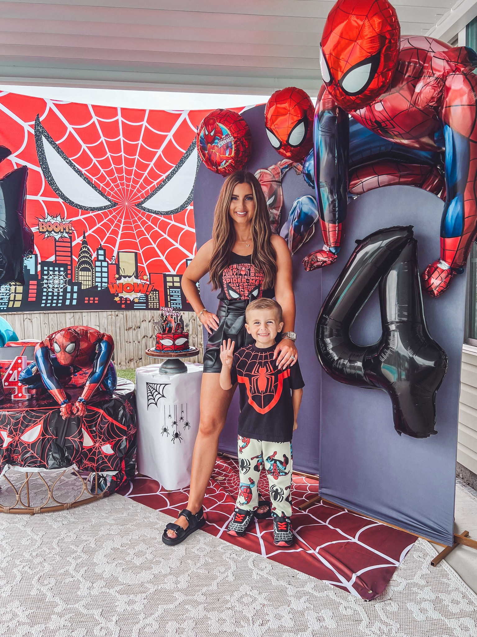 Spiderman birthday party decorations 
Spiderman party mom outfit 
Spider man toddler outfit 