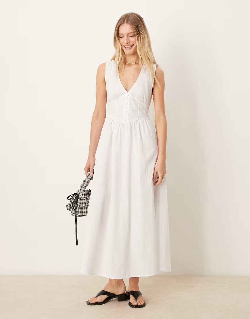 ASOS DESIGN v neck waisted button down midi dress in off white | ASOS (Global)