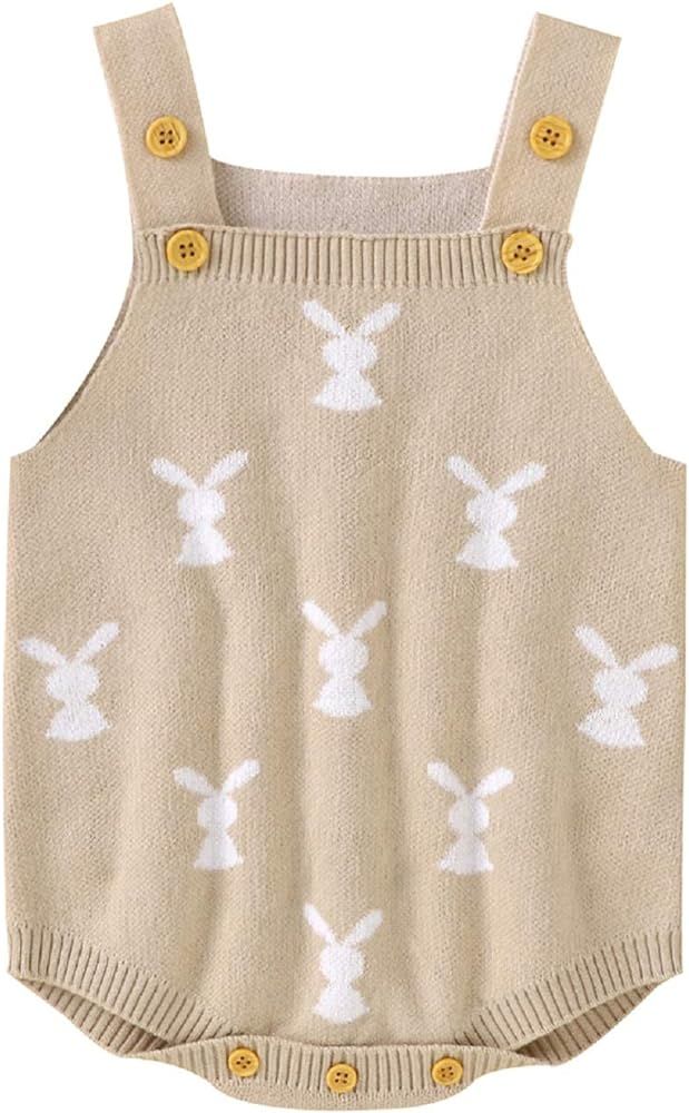 Newborn Baby Girl Easter Outfit Bunny Print Knitted Romper Halter Onesie Backless Bodysuit Summer... | Amazon (US)