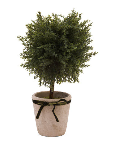 13in Bushy Ball Topiary With Ribbon In Rustic Pot | TJ Maxx