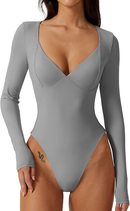 QINSEN Women's Long Sleeve Bodysuit V Neck Body Suits Seamed Cup Going Out Tops Shirt | Amazon (US)