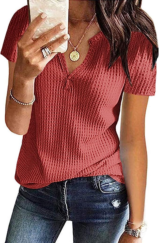 WNEEDU Womens Waffle Knit Tunic Tops V-Neck Short Sleeve Blouse shirts | Amazon (US)