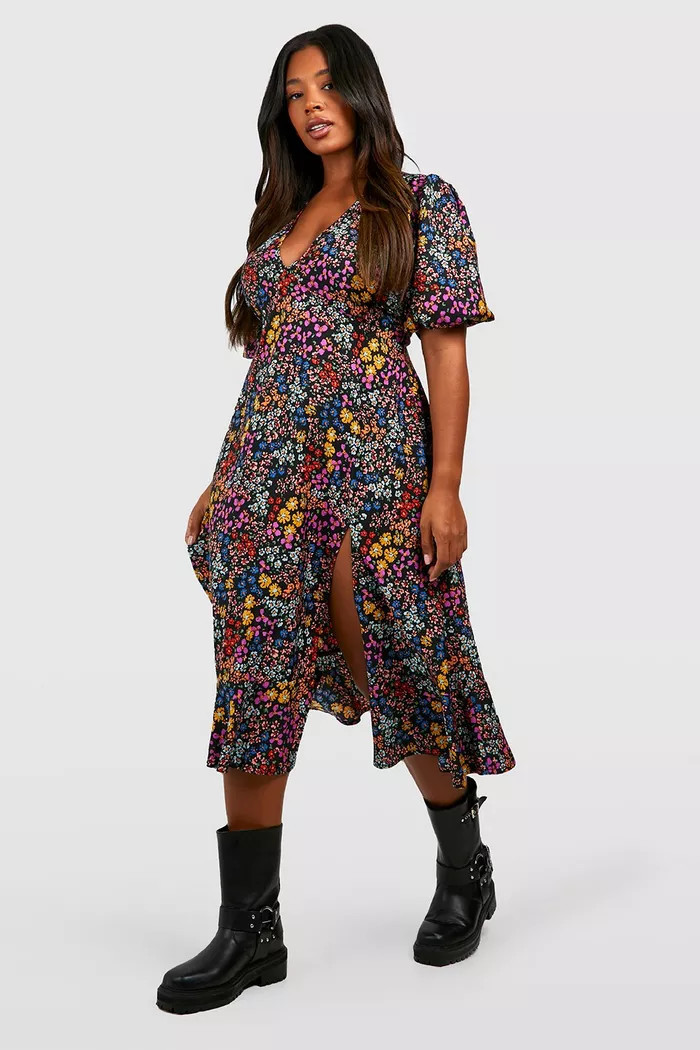 Plus Floral Print Midi Smock Dress | Boohoo.com (UK & IE)