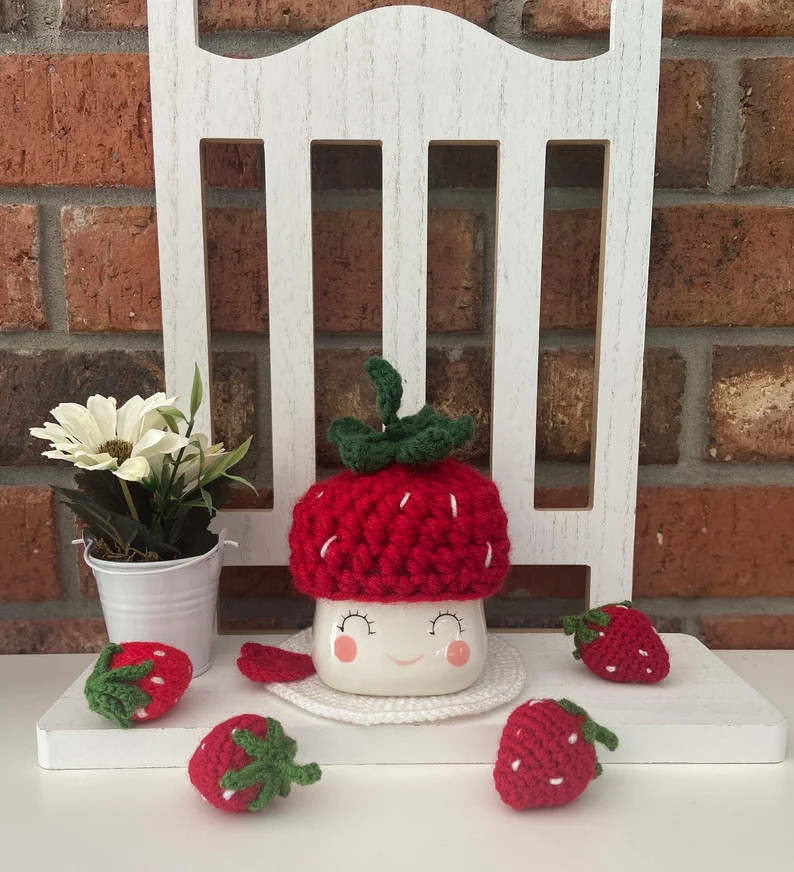 Marshmallow Mug Hat / Crochet Strawberry Decor / Tiered Tray Decor - Etsy | Etsy (US)