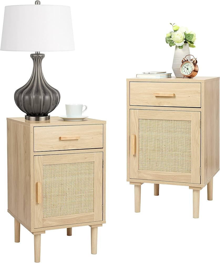Finnhomy Tall Nightstands Set of 2, Night Stand, Bedside Table Set of 2 with Drawer and Shelf, Ha... | Amazon (US)