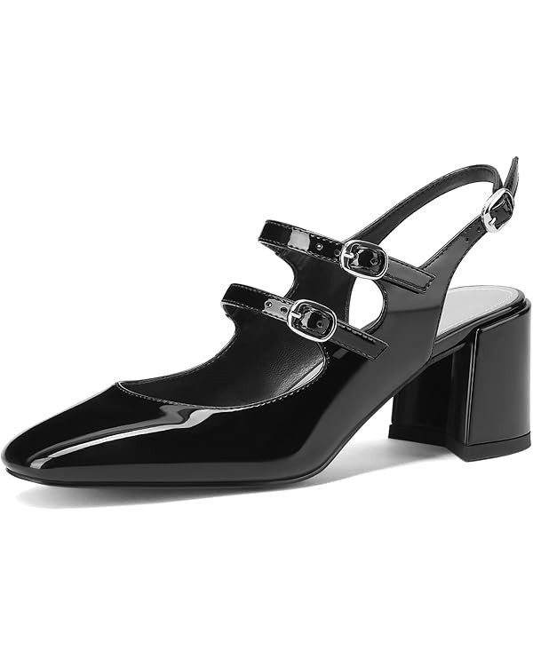 Adrizzlein Women Mary Janes Pumps Round Toe Strappy Chunky Heel Pumps with Adjustable Buckle | Amazon (US)