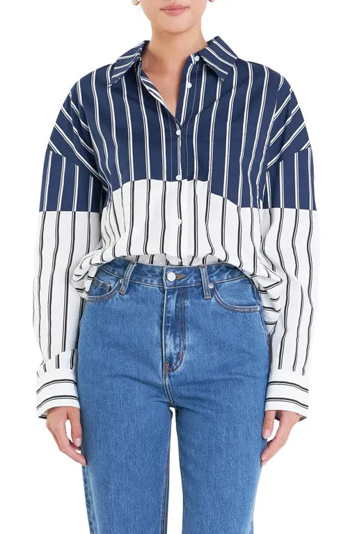 English Factory Stripe Colorblock Button-Up Shirt in Navy/White at Nordstrom, Size Medium | Nordstrom