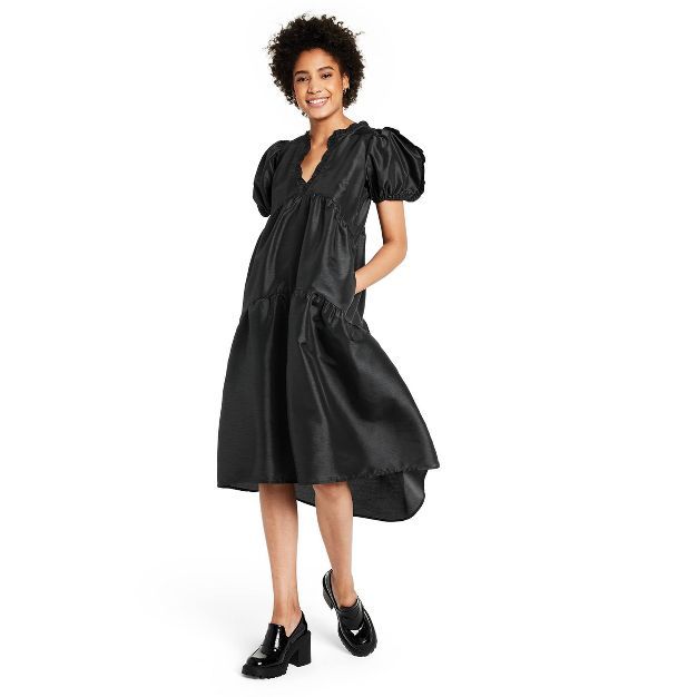 Women's Tiered Ruffle Edge Puff Sleeve Midi Dress - Kika Vargas x Target Black | Target