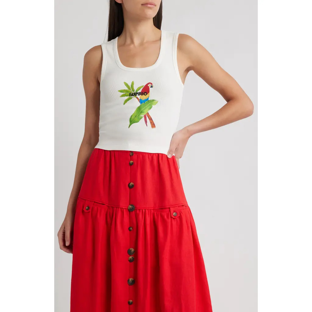 FARM Rio Macaw Embroidered Graphic Cotton Rib Tank in Off-White at Nordstrom, Size Xx-Small | Nordstrom