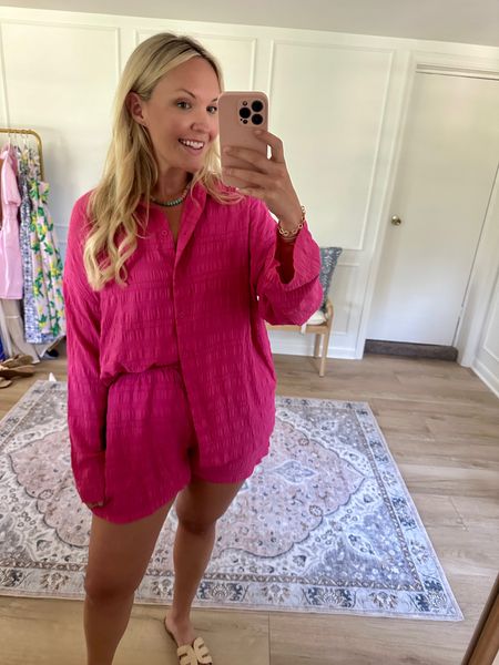 Wearing a large in this matching lounge set. It’s soft and the bottoms are stretchy and have pockets. Would also make for a great coverup. Summer outfit, swim, travel outfit 

#LTKStyleTip #LTKMidsize #LTKSeasonal