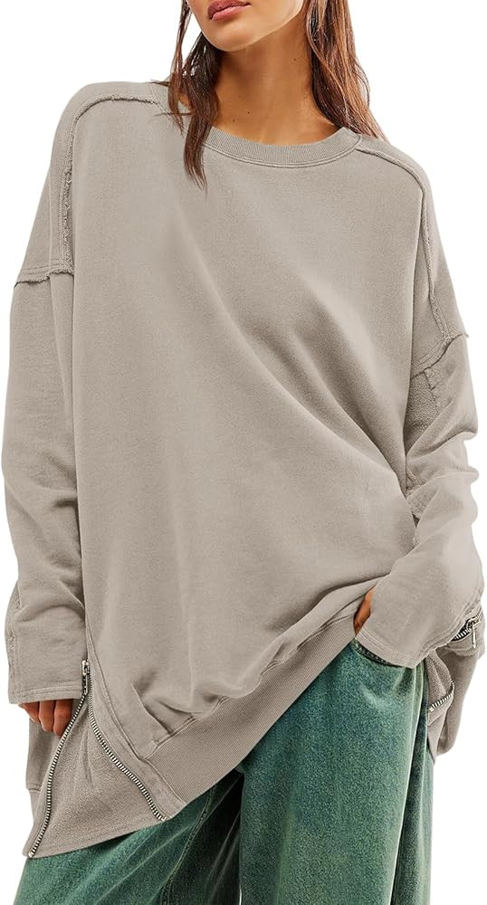 Fisoew Womens Oversized Sweatshirt Long Sleeve Crewneck Side Zipper Casual Pullover Fall Tops | Amazon (US)