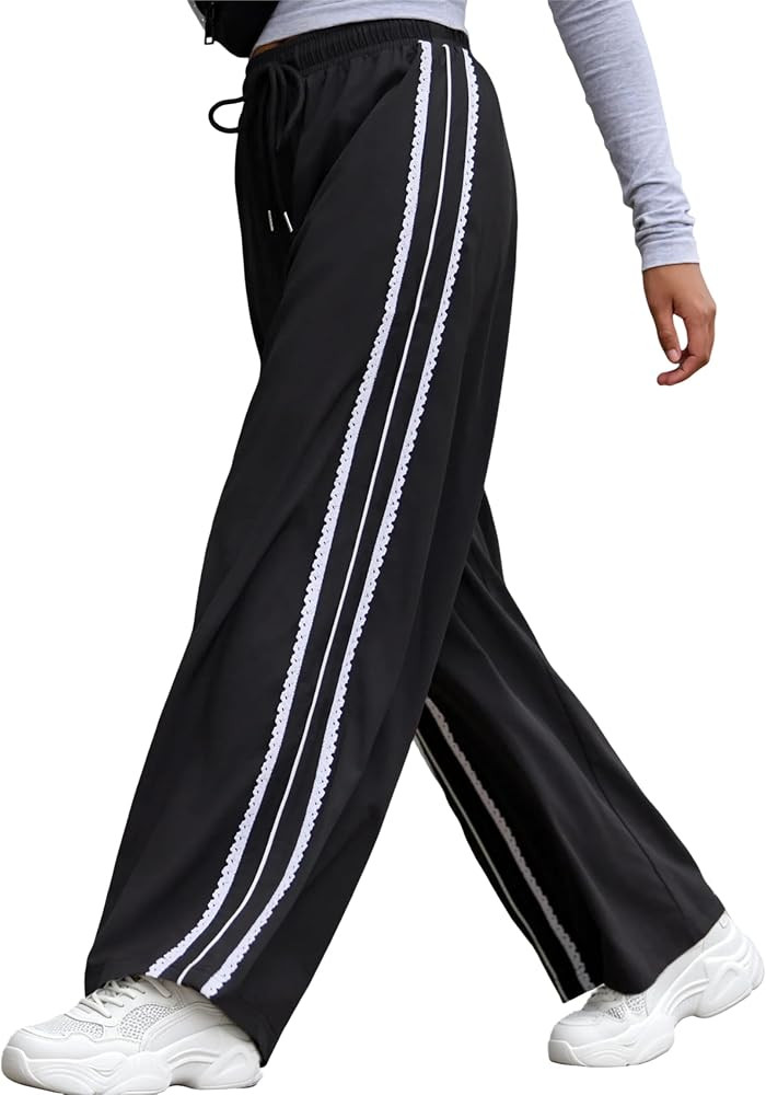 Yeokou Women's Wide Leg Pants Side Stripe Crochet Slip on Drawstring Casual Running Track Palazzo... | Amazon (US)