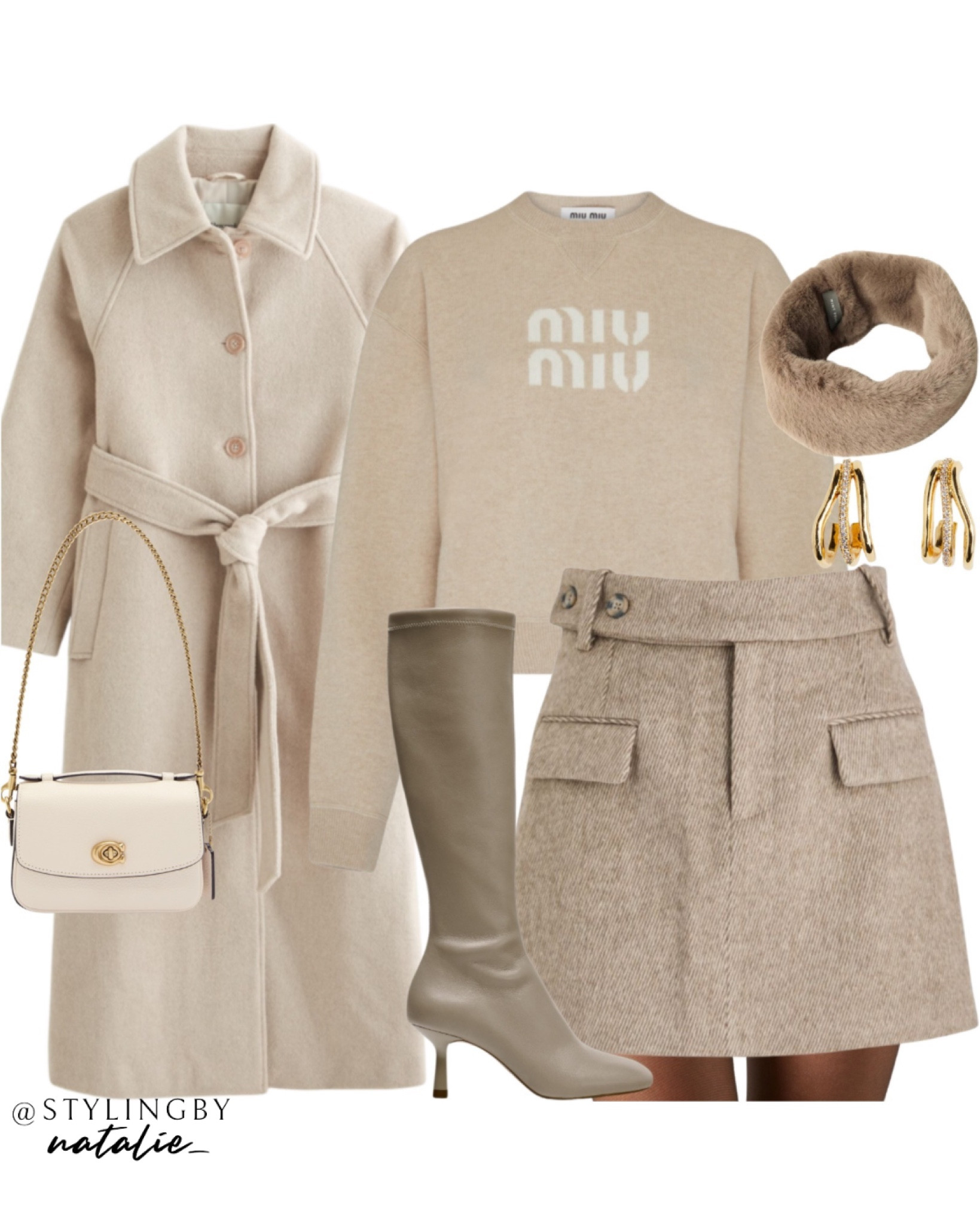 Beige outfit-Belted wool blend coat, tweed mini skirt, Miu Miu cashmere jumper, fur headband, knee high sock boots and Coach handbag.
🏷️Beige outfit, neutral outfit, winter outfit, autumn look

#LTKautumn 

#LTKwinter #LTKstyletip