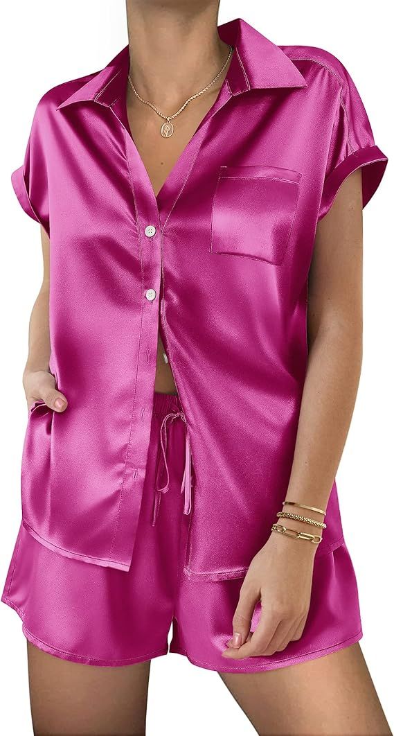 Ekouaer Silk Pajamas for Women Soft Short Sleeve Sleepewear Button Down Satin Top and Shorts 2 Pi... | Amazon (US)