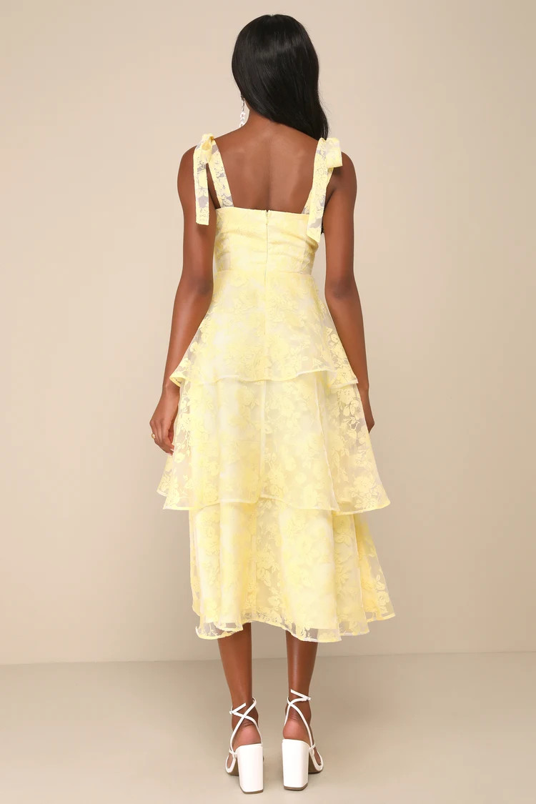 Glamorous Sweetie Yellow Burnout Tie-Strap Bustier Midi Dress | Lulus