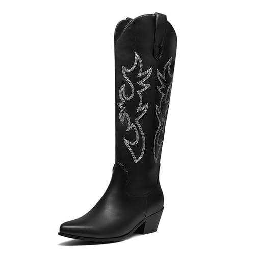 citsanos Black Cowboy Boots for Women Knee High Cowgirl Boots Chunky Stacked Low Heel Side Zipper Embroidery Western Boots Almond Shaped Pointed Toe Classic Casual Fashion,11 | Amazon (US)