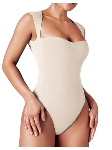OYOANGLE Women's Sleeveless Sweetheart Neck Cut Out Tank Bodysuits Solid Slim Fit Bodysuit Tops Beige X-Small | Amazon (US)