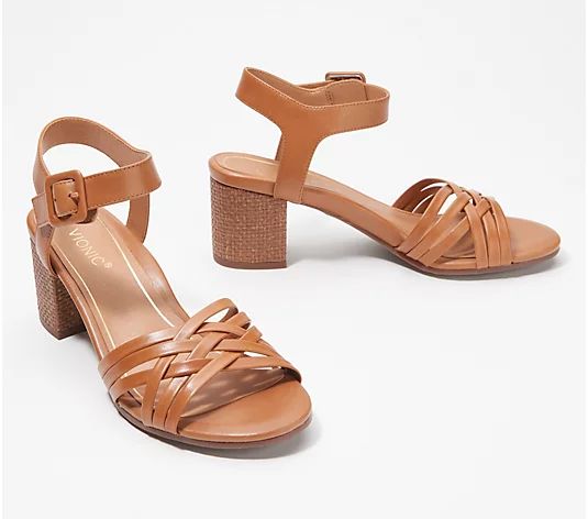 Vionic Ankle Strap Woven Block Heeled Sandals - Peony | QVC
