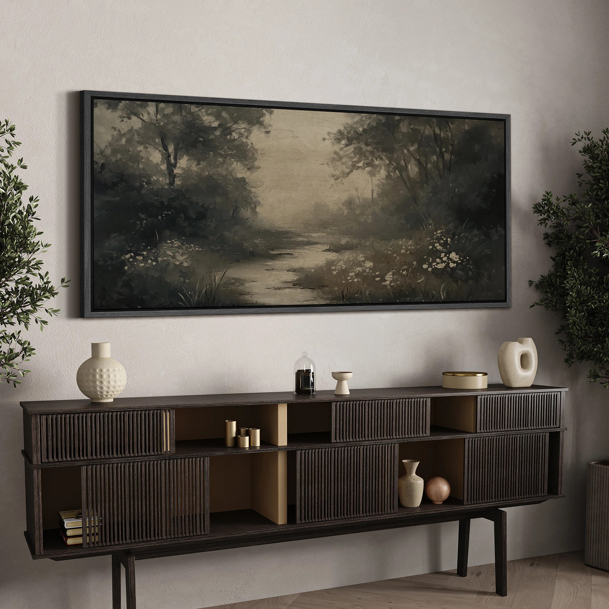 Moody Dark Green Forest River Landscape Artwork, Modern Country Wilderness Wall Pictures, Giclee ... | Wayfair North America