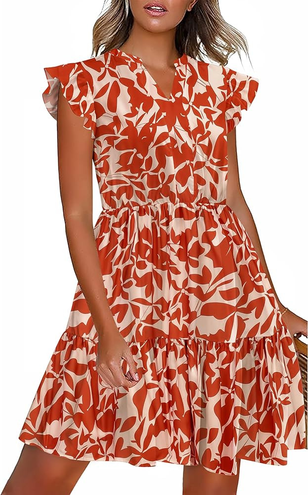 HOTOUCH Women Printed Dress for Summer Short Ruffle Sleeve Dress Tiered Mini Dress with Pockets | Amazon (US)