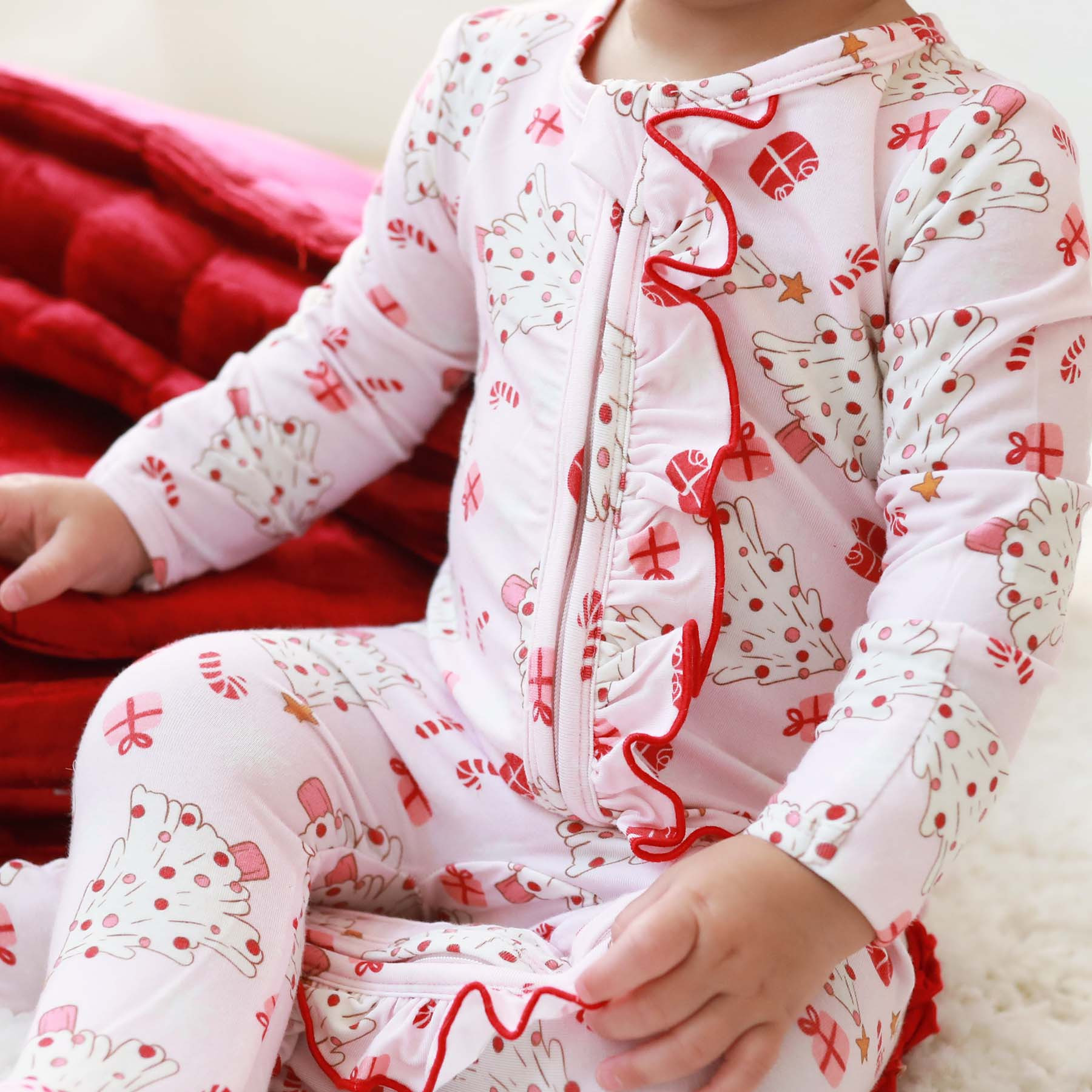 Very Merry Ruffle Zipper Footie | Pink | Caden Lane