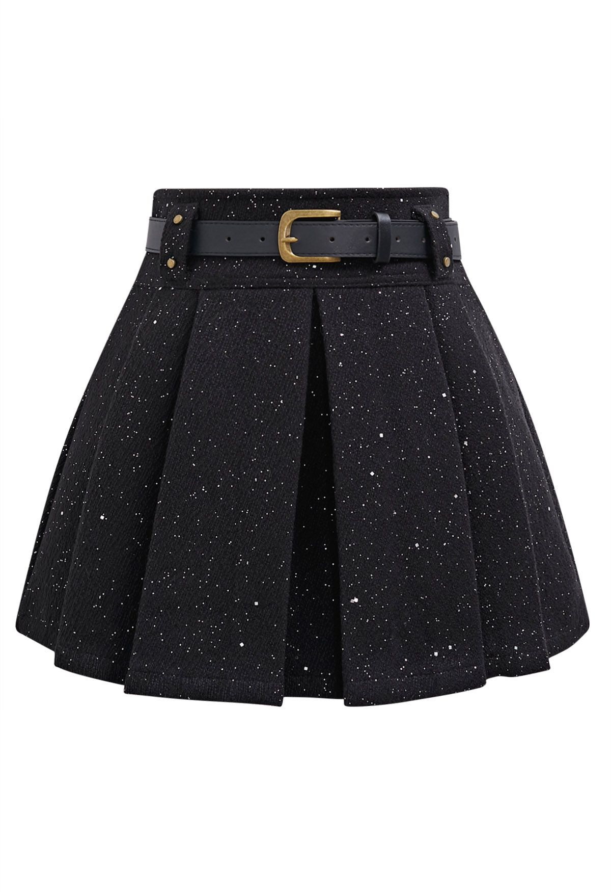 Shimmery Pleated Belted Mini Skirt in Black | Chicwish