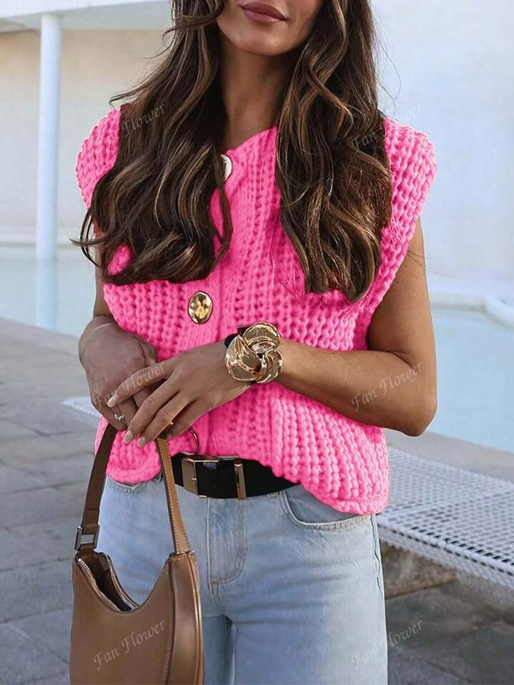 TrendsWomen's Fashionable Sleeveless Short Length Button Front Knit Vest With Pockets | SHEIN