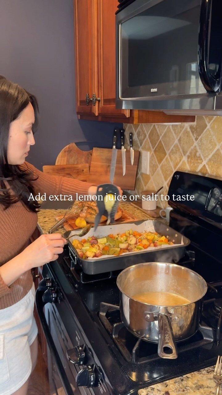 Here’s how to make the juiciest chicken you’ll ever have that will have your guests thinking you’re a chef! Comment “chicken” for the link to the best thermometer ever invented. 

Ingredients: 
- Whole chicken
- Potatoes (golden or medley) 
- Carrots
- Celery
- 1 Onion
- 1 Lemon
- Avocado oil
- Spices (Salt, Pepper, Onion Powder, Garlic Powder, Thyme, Rosemary)
- 4-5 TB Butter (Must be room temperature)
- Bone Broth
- Better than bouillon (optional)
- Flour or Tapioca flour (For the Rue)

1. Take chicken out of the fridge 1-2 hours before roasting so it comes to room temperature for even cooking.
2. Prepare veggies by chopping in 2 inch pieces. Toss with avocado oil and spices. 
3. Spread evenly on roasting pan.
4. Dry chicken with paper towels
5. Prepare the herb butter.
6. Spread butter underneath the skin and on top of the skin. 
7. Stuff chicken with 1 lemon & tie the legs together with butchers twine
8. Top with salt & Pepper
9. Insert thermometer

To cook chicken:
1. Roast at 450 for 10-15 Minutes. 
2. Then turn down to 350 and continue roasting for 20 minutes per pound. I had a 4.6 lb chicken, so I cooked for a total of 1 hour and 45 minutes (this includes initial roasting time). Cook until the chicken is at least 165 degrees internally. Mine creeped up to 169 degrees after resting and it still turned out juicy! 
3. Let it rest for at least 10-15 minutes to retain juices. 
4. Put veggies back in the oven on a low broil to crisp up for about 5-10 minutes.
5. Make a rue with butter or flour. (If your gluten free, just use tapioca flour) 
6. Pour all the pan drippings in a pot and whisk to thicken. Add the bouillon and extra spices if needed(Do not add salt until AFTER you taste test.) Squeeze lemon in the gravy and over the veggies. 
Enjoy!
