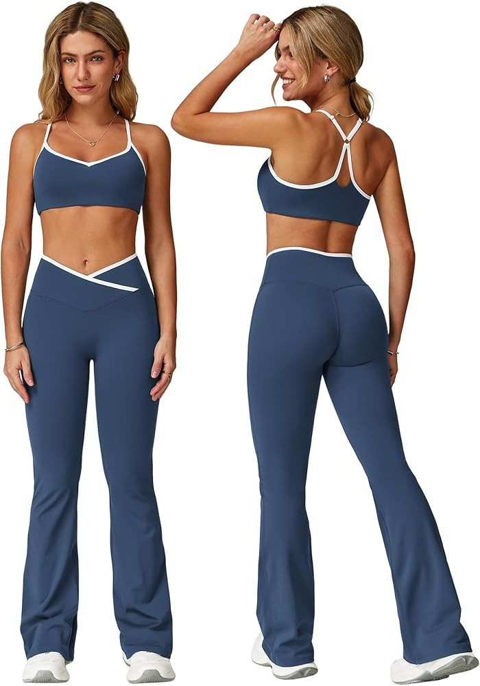 ABOCIW Workout Sets for Women 2 Piece Color Block Strappy Sports Bra High Waist Shorts Gym Yoga P... | Amazon (US)