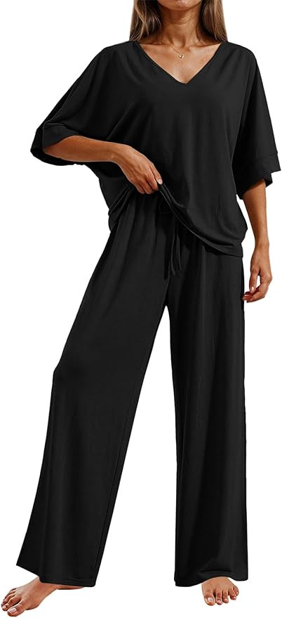 Ekouaer Pajama Sets for Women 2 Piece Lounge Set Short Sleeve Tops and Long Pants Soft Comfy Pjs ... | Amazon (US)