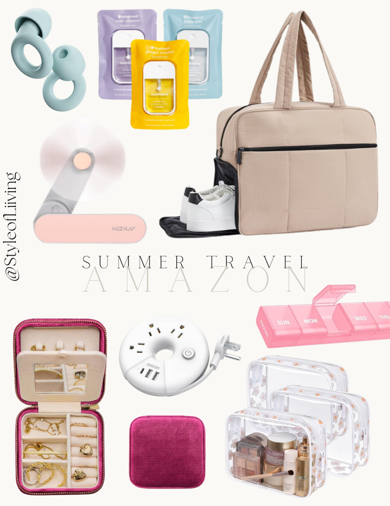 Summer travel with Amazon! Packing essentials, luggage, portable fans, jewelry cases, pill organizer, outlet extension cords, hand sanitizer, ear plugs. Packing containers pouches.

#LTKTravel #LTKItBag #LTKFindsUnder100