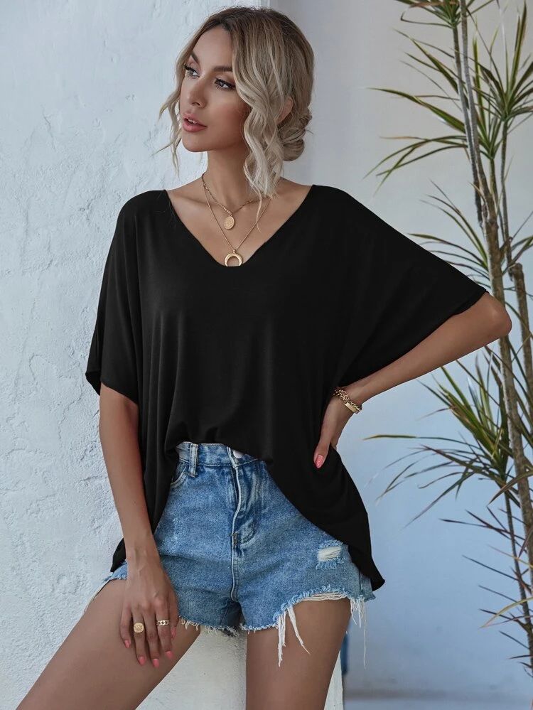 V-neck Batwing Sleeve Slouchy Tee | SHEIN