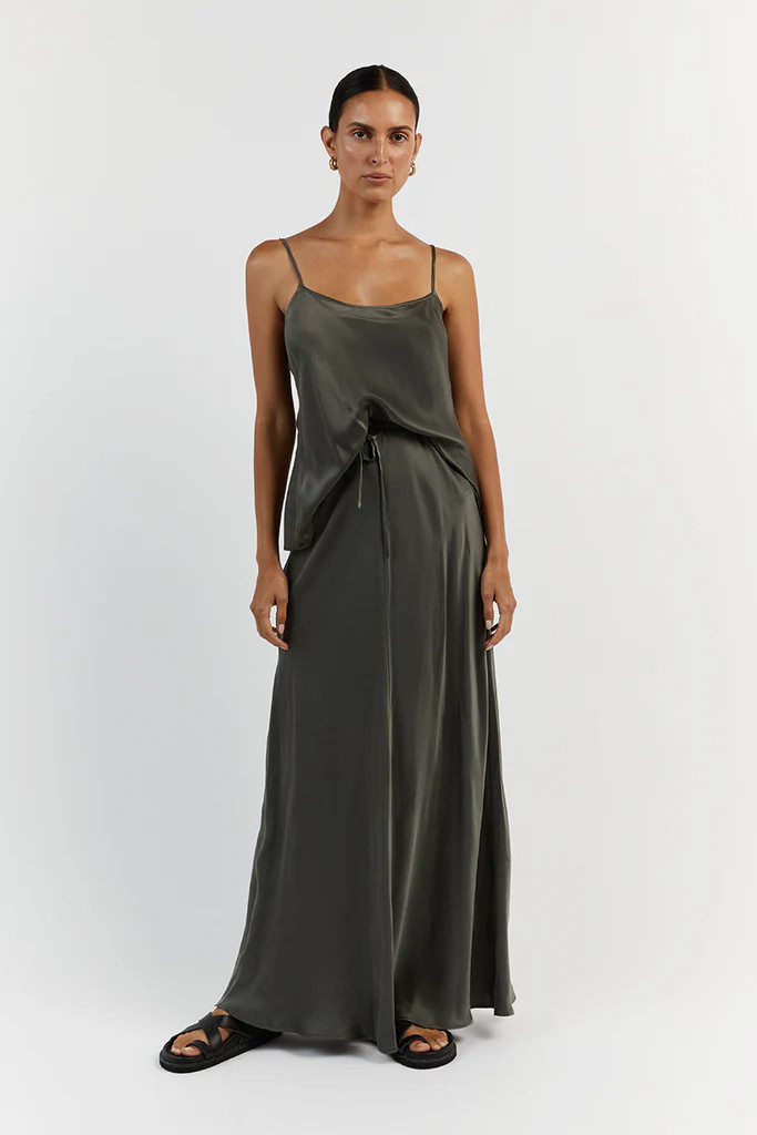 LAYLA DARK OLIVE SILK MIDI SKIRT | DISSH