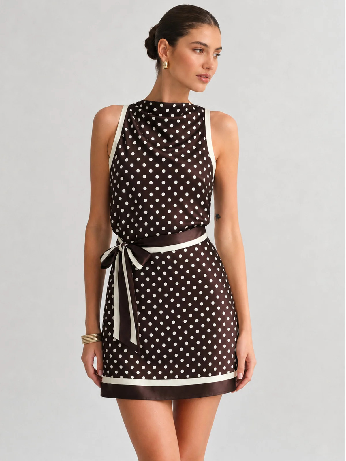 Polka Dot Tie-Waist Satin Mini Dress | Commense