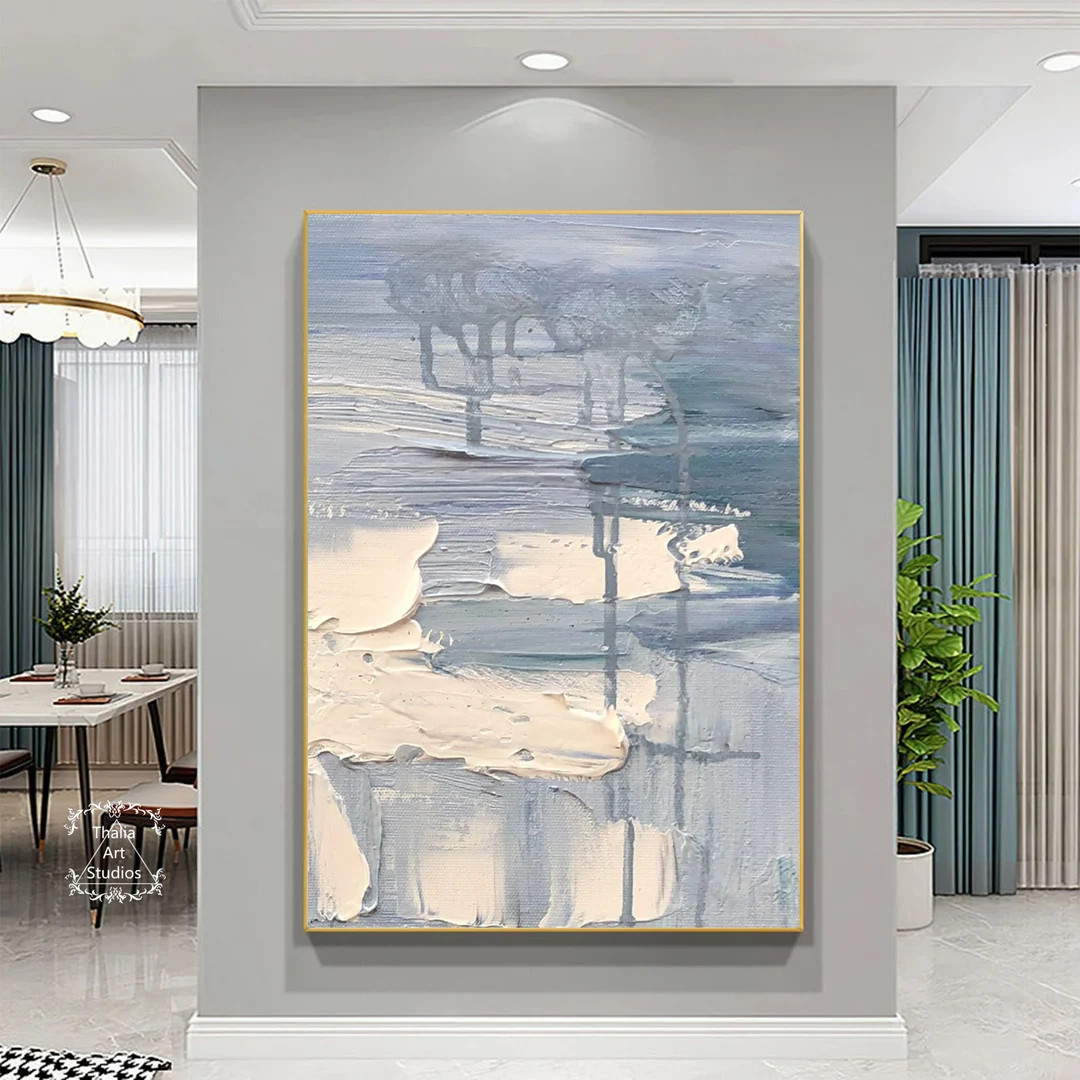 Large Original White Abstract Painting White Texture Painting Blue Abstract Wall Art Minimalist A... | Etsy (US)