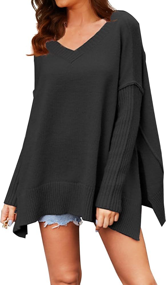 Women V Neck Oversized Sweater Tops Loose Long Sleeve Side Slit Drop Shoulder Ribbed Knit Pullove... | Amazon (US)