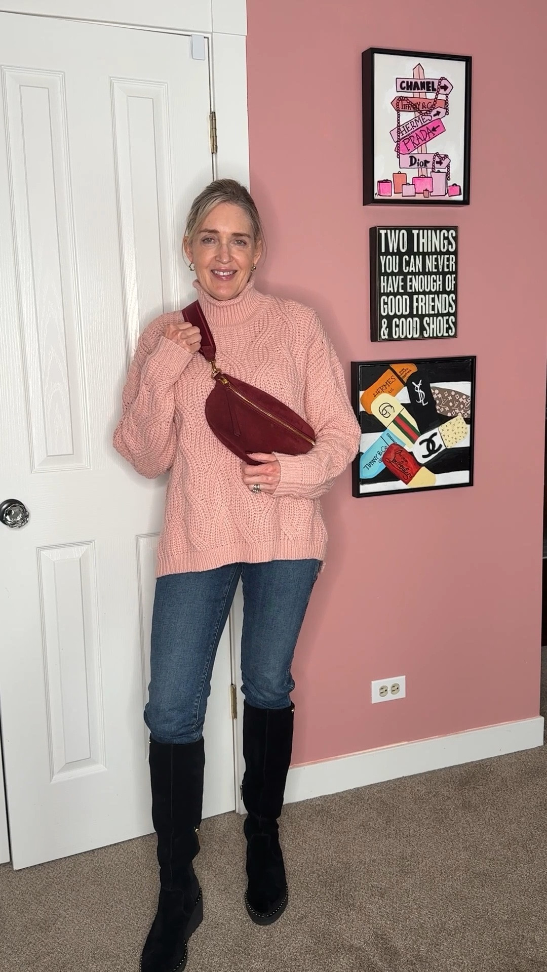 Winter outfit with oversized sweater and tall boots. Chicwish sweater size S/M. Madewell Stovepipe jeans size 25. Quince suede sling bag in burgundy. 



#LTKootd #LTKgrwm #LTKOver40