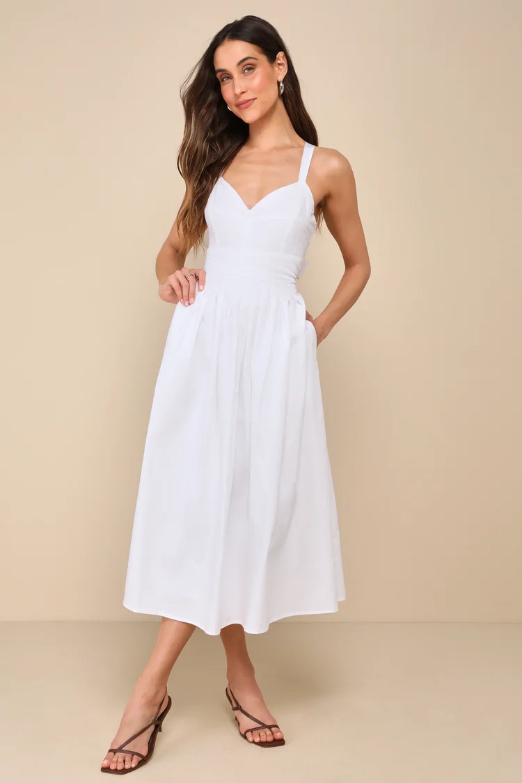 Strolling Sicily White Pleated Backless Midi Dress With Pockets | Lulus