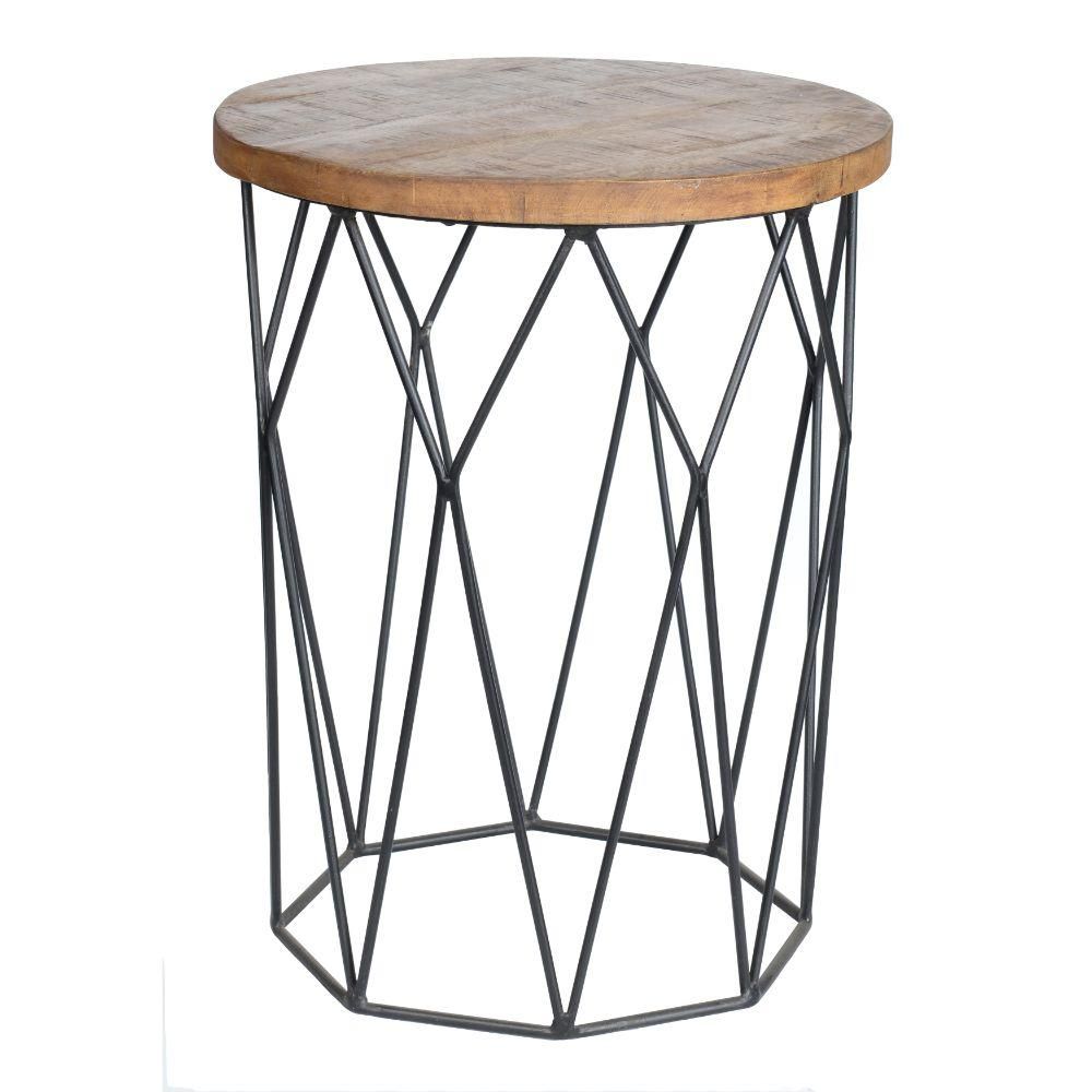 Benjara 24 in. H Black and Brown Round Mango Wood End Table with Iron Geometric Base | The Home Depot