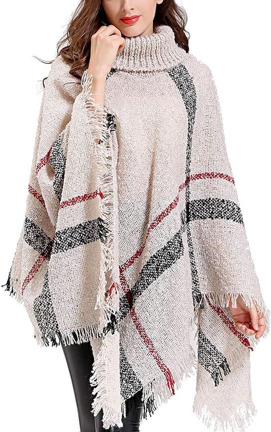 PUWEI Women's Turtleneck Tassel Cape Batwing Knit Poncho Sweater Cloak Wraps | Amazon (US)