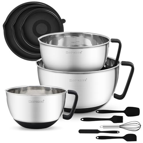 Rorence Stainless Steel Mixing Bowls: Metal Mixing Bowl Set with Lids and Handles Non-slip Silicone Bottom Nesting Bowls for Kitchen Set of 3 - Black | Amazon (US)