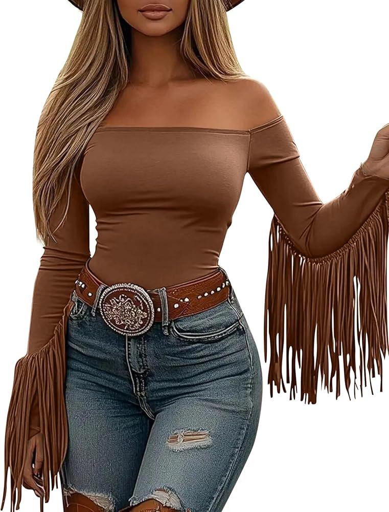 Fringe Tops for Women Western Cowgirl Off The Shoulder Fall Long Sleeve with Tassels Stretchy Cro... | Amazon (US)