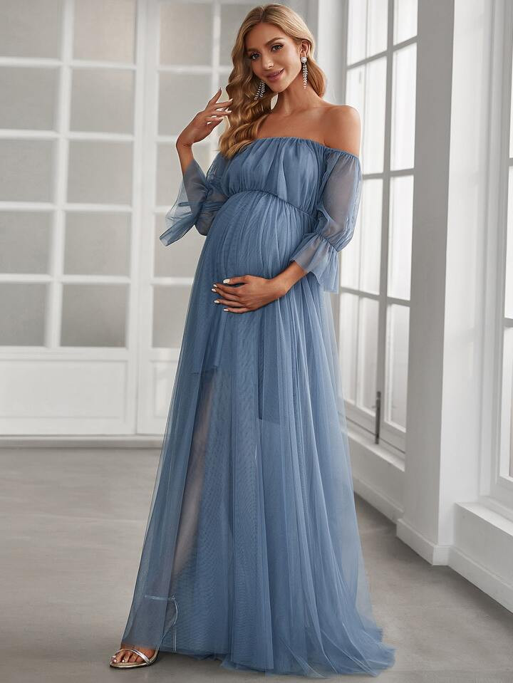 EVER-PRETTY Maternity Plus Off Shoulder Flounce Sleeve Mesh Dress | SHEIN