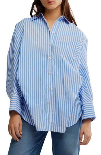 Free People Sabine Tailored Stripe Button-Up Shirt in Oxford Stripe - Blue at Nordstrom Rack, Size X-Large | Nordstrom Rack