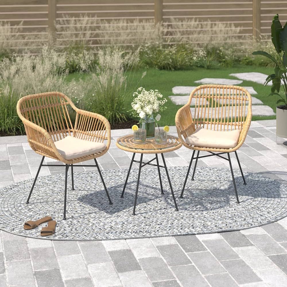 Barton 3pcs Outdoor Bistro Chat Set Patio Conversation Wicker Chairs Glass Table with Seat Cushio... | Amazon (US)