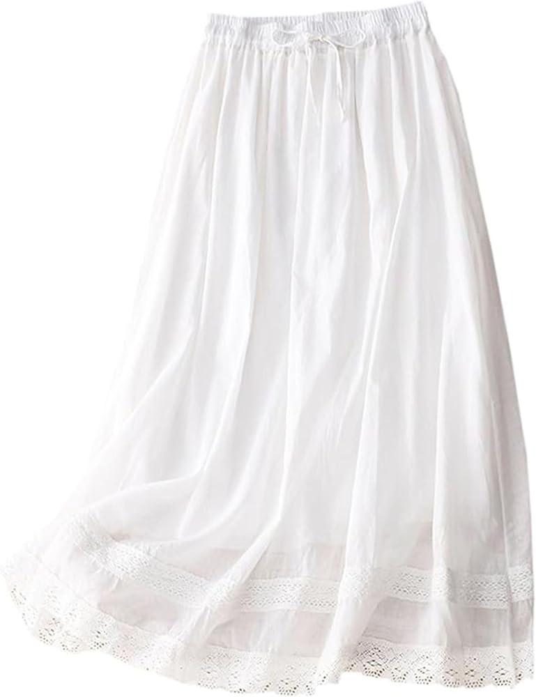 SANGTREE Women's Lace Cotton Linen Midi Skirt High Waisted A Line Flowy Swing Boho Long Skirts | Amazon (US)