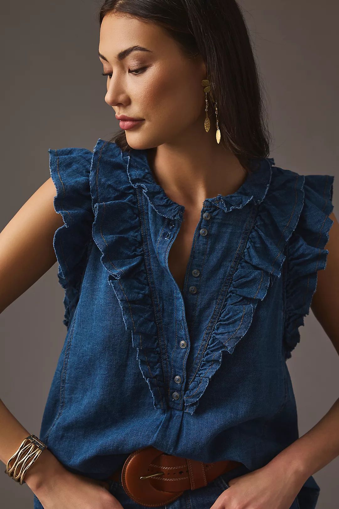 Pilcro Ruffled Chambray Henley Blouse | Anthropologie (US)