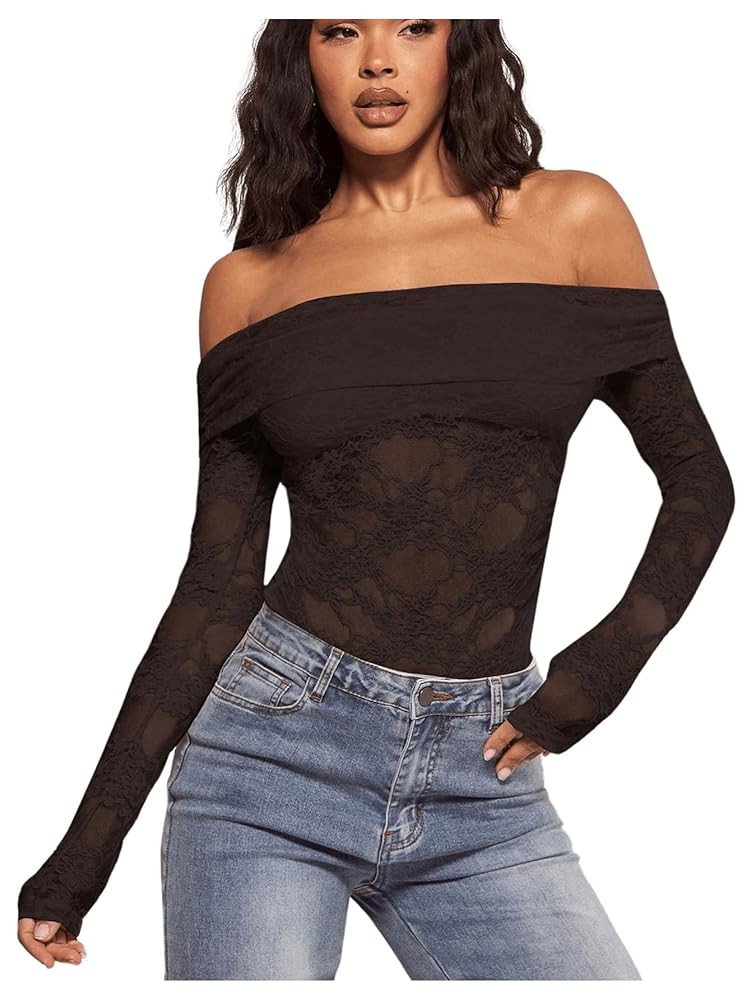 WDIRARA Women's Mesh Leopard Print Long Sleeve Off Shoulder Crop Top Slim Fit Casual Tee Shirt | Amazon (US)